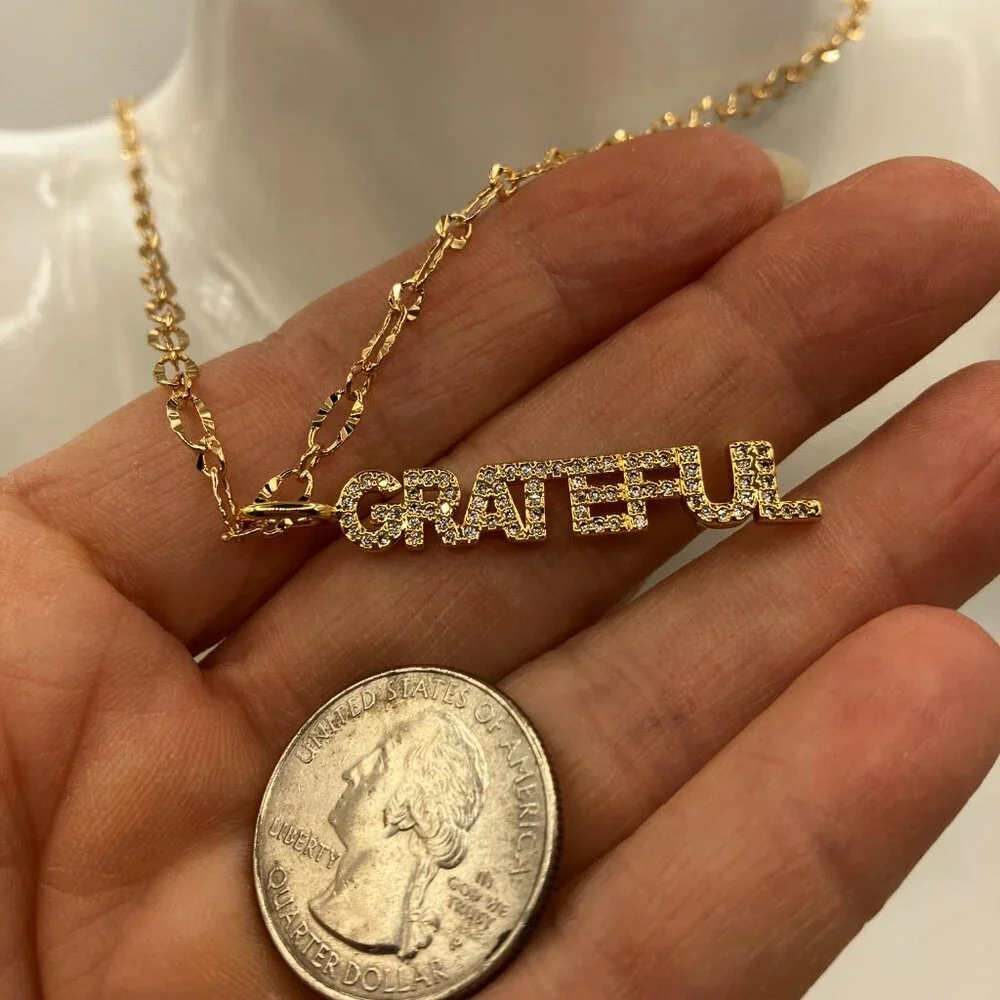 18k Real Gold Plated Figaro Chain over Brass + GRATEFUL Pendant 18 inches - Picture 8 of 10